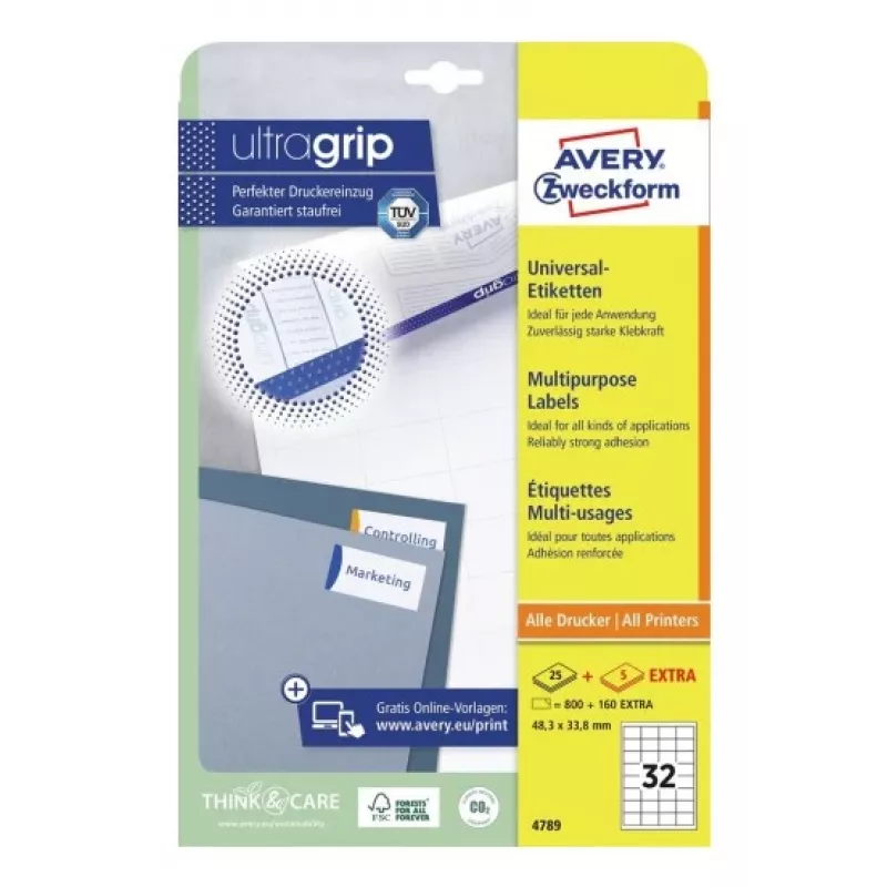 AVERY etiquetas universales 48,3 x 33,8 mm blancas con tecnología UltraGrip (paquete de 480) 4789