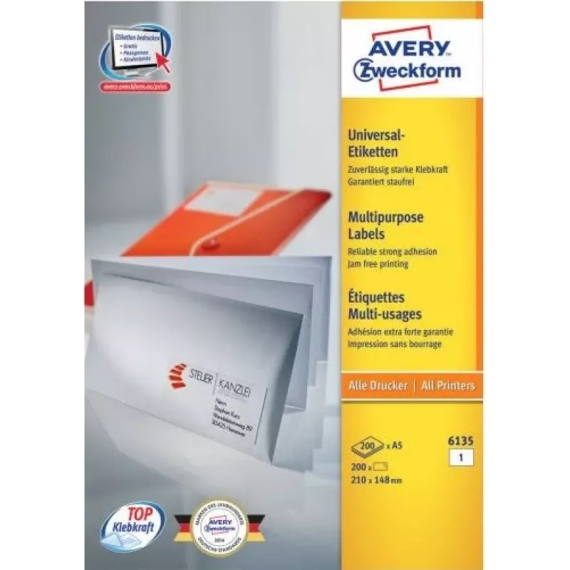 Avery 6135 etiquetas adhesivas permanentes de papel blanco A4 210 x 148 mm 200 etiquetas