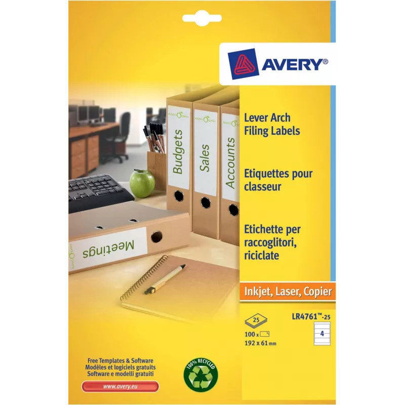 Avery LR4761-25 etiquetas de archivo blancas 61 x 192 mm 100 etiquetas (25 hojas x 4)