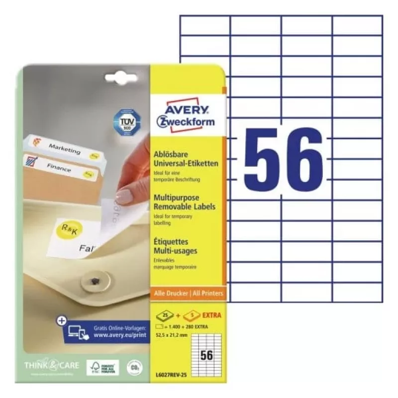 AVERY Zweckform Etiquetas universales 52,5 x 21,2 mm blancas despegables con margen ProNature 25 hojas (L6027REV-25)