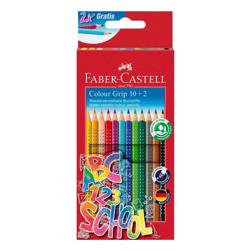 Faber-Castell Colour GRIP Lápices de colores triangulares, colores surtidos, 10 uds., zona Soft-Grip, mina irrompible de 3,3 mm, barniz a base de agua, estuche promocional 201585