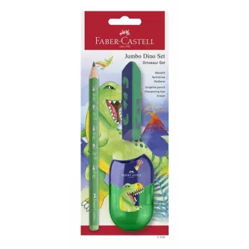 Faber-Castell Dino Jumbo Set de escritura, verde, 3 lápices, mina de 3 mm, ergonómico triangular, irrompible, a partir de 3 años 111529