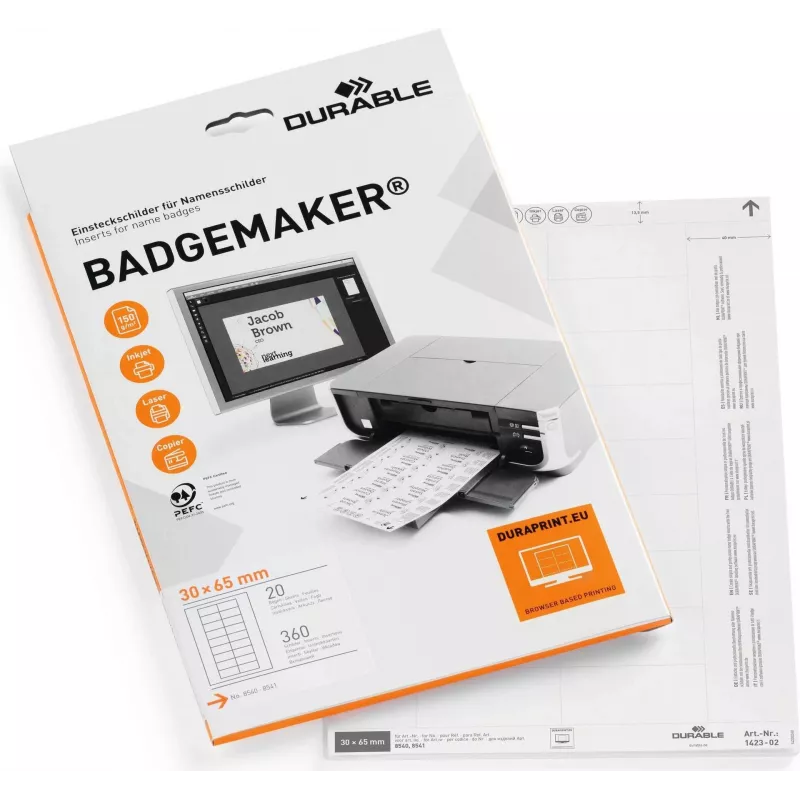DURABLE BADGEMAKER Etiquetas insertables 30 x 65 mm, blancas, 100 insertos (20 hojas con 5 cada una) 142302