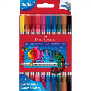 FABER-CASTELL Rotuladores de fibra de doble punta con purpurina, 10 colores diferentes, lavables, puntas de 3-5 mm y 1 mm 151107