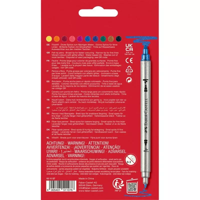 FABER-CASTELL Rotuladores de fibra de doble punta con purpurina, 10 colores diferentes, lavables, puntas de 3-5 mm y 1 mm 151107