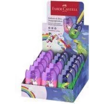 FABER-CASTELL Sacapuntas doble Caja Dino/Unicornio, expositor con depósito de virutas para un afilado fácil y limpio, 18 uds. (183551)