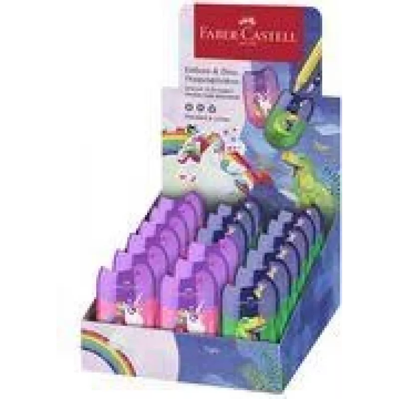 FABER-CASTELL Sacapuntas doble Caja Dino/Unicornio, expositor con depósito de virutas para un afilado fácil y limpio, 18 uds. (183551)