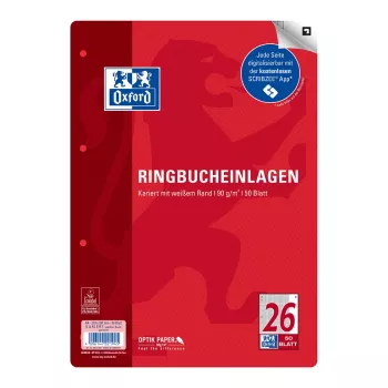 Oxford Papel de recambio para archivador A4 cuadriculado 50 hojas 4 taladros con margen blanco 400131580