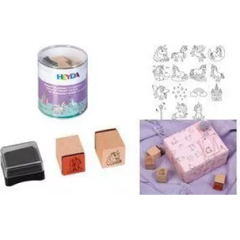 HEYDA Set de sellos de unicornio, 15 sellos transparentes en caja redonda 204888439