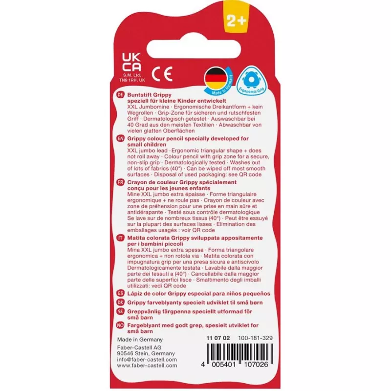 Faber-Castell Grippy Pastel lápices de colores triangulares, pack de 4, mina jumbo blanda para manos pequeñas 110702