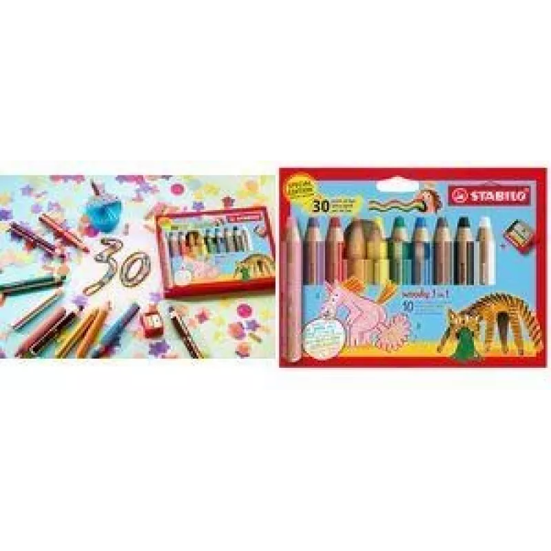 STABILO woody 3 in 1 lápiz multitalento, lata de 10, edición 30 aniversario, redondo, varios colores EO880/10-3