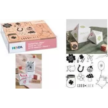HEYDA set de sellos motivo suerte, caja transparente, sellos de madera, varios tamaños y diseños, 1 set (204888666)