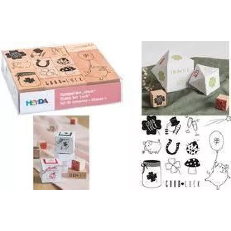 HEYDA set de sellos motivo suerte, caja transparente, sellos de madera, varios tamaños y diseños, 1 set (204888666)
