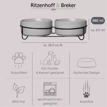 Ritzenhoff & Breker TARO Set de comedero doble para perro, 880 ml, gres gris con soporte de metal negro 450521