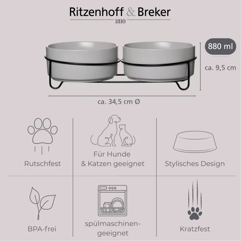Ritzenhoff & Breker TARO Set de comedero doble para perro, 880 ml, gres gris con soporte de metal negro 450521