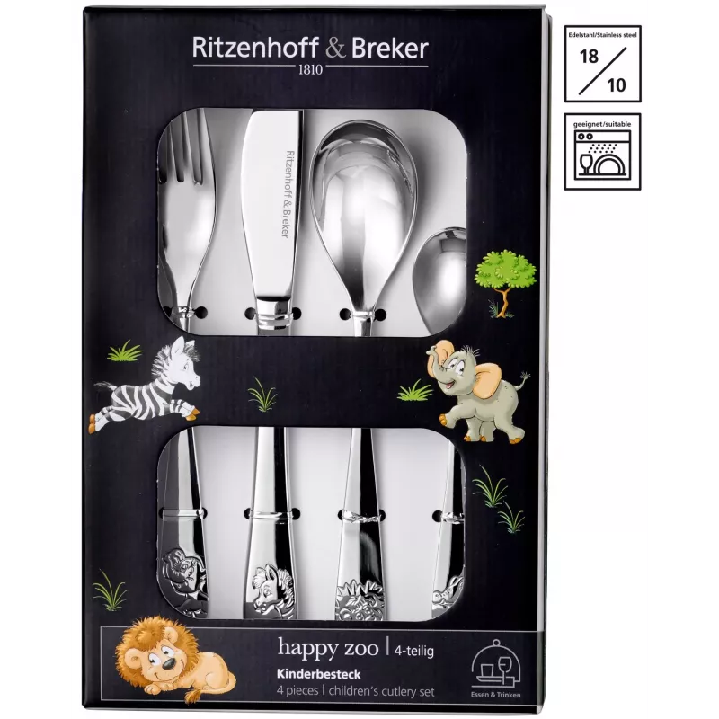 Ritzenhoff & Breker HAPPY ZOO Set de cubiertos infantiles, 4 piezas, acero inoxidable, motivos de animales 812701