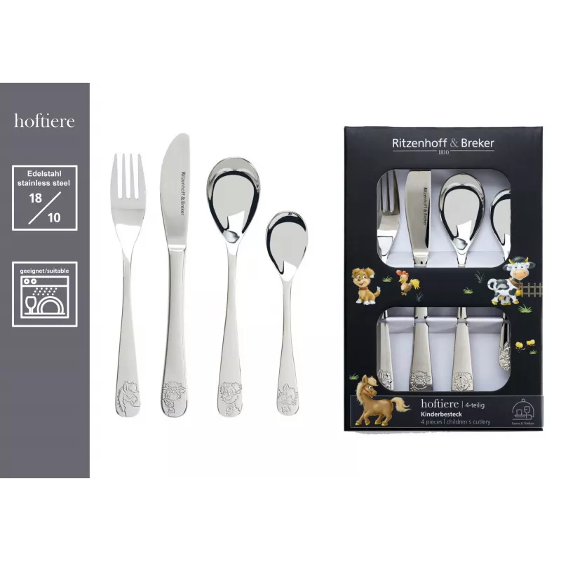 Ritzenhoff & Breker Cubertería infantil HOFTIERE, 4 piezas, acero inoxidable con motivos de animales de granja 819144