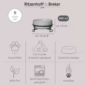 Ritzenhoff & Breker TARO Set de cuencos para mascotas, 400 ml, cuenco de gres cerámico gris para gatos y perros pequeños, agua y comida, 1 ud. (450514)