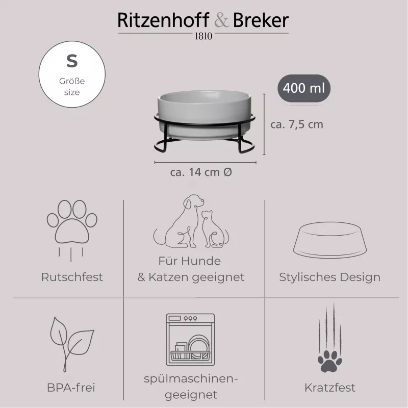 Ritzenhoff & Breker TARO Set de cuencos para mascotas, 400 ml, cuenco de gres cerámico gris para gatos y perros pequeños, agua y comida, 1 ud. (450514)