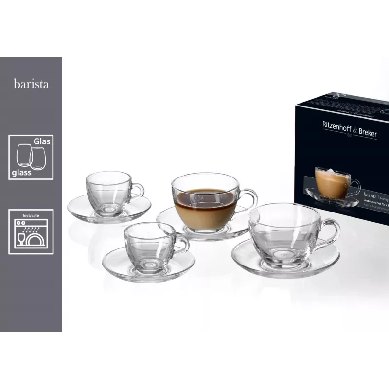 Ritzenhoff & Breker BARISTA Set de capuchino, 4 piezas, vidrio transparente, tazas de 220 ml, apto para lavavajillas 822021