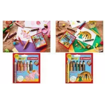 STABILO woody 3 en 1 Lápiz multitalento, set de 6 en estuche redondo Tiger, lápiz de color, acuarela y cera en uno EO8806-4-2