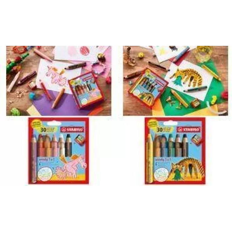 STABILO woody 3 en 1 Lápiz multitalento, set de 6 en estuche redondo Tiger, lápiz de color, acuarela y cera en uno EO8806-4-2