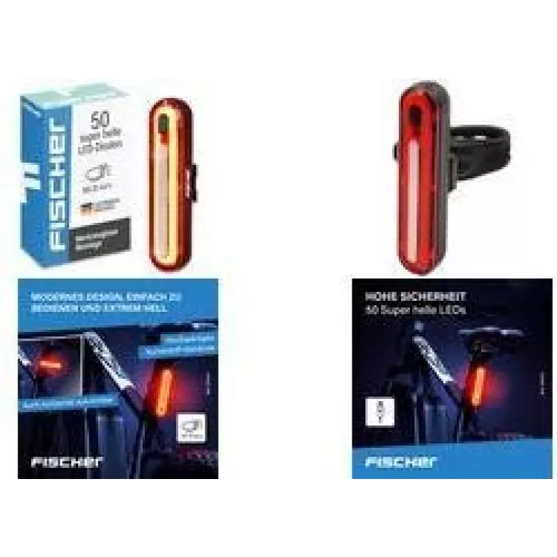 FISCHER FAHRRAD Piloto trasero LED para bicicleta, recargable, negro/rojo 50089:FISCHER