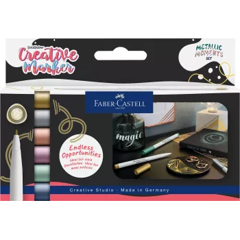 Faber-Castell Creative Marker Goldfaber Metallic Moments, set de 6, tinta base agua, sin olor, resistente al borrado, varios colores metalizados 161107