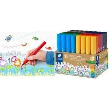 STAEDTLER Noris Jumbo 328-B KP48 Rotuladores, 48 colores diferentes, mina de fibra de 3,0 mm, forma triangular, tinta lavable, capuchón ventilado, vaso reutilizable