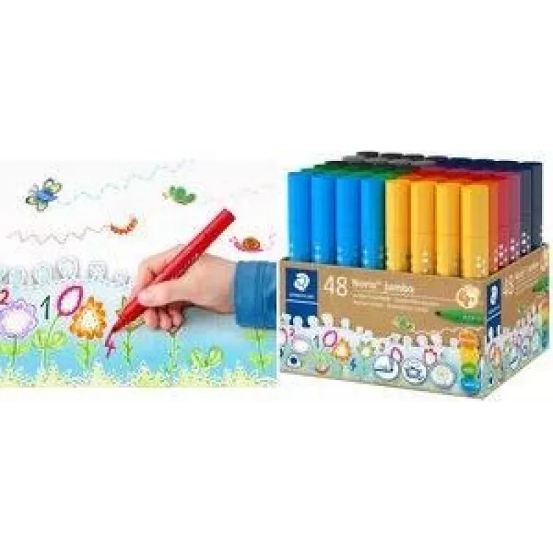 STAEDTLER Noris Jumbo 328-B KP48 Rotuladores, 48 colores diferentes, mina de fibra de 3,0 mm, forma triangular, tinta lavable, capuchón ventilado, vaso reutilizable