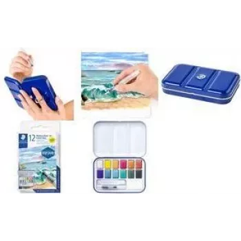 STAEDTLER 888M M12-C Set de acuarelas metálicas, 12 colores en caja metálica con paleta de mezcla y anillo para el dedo