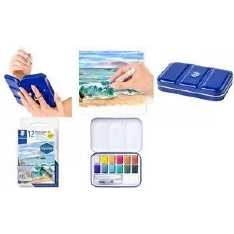 STAEDTLER 888M M12-C Set de acuarelas metálicas, 12 colores en caja metálica con paleta de mezcla y anillo para el dedo