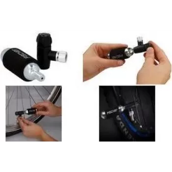 FISCHER Bomba de mano para bicicleta con inflador de CO2, cabezal universal para Schrader, Dunlop, Presta, 8 bar, negro/plata 50392