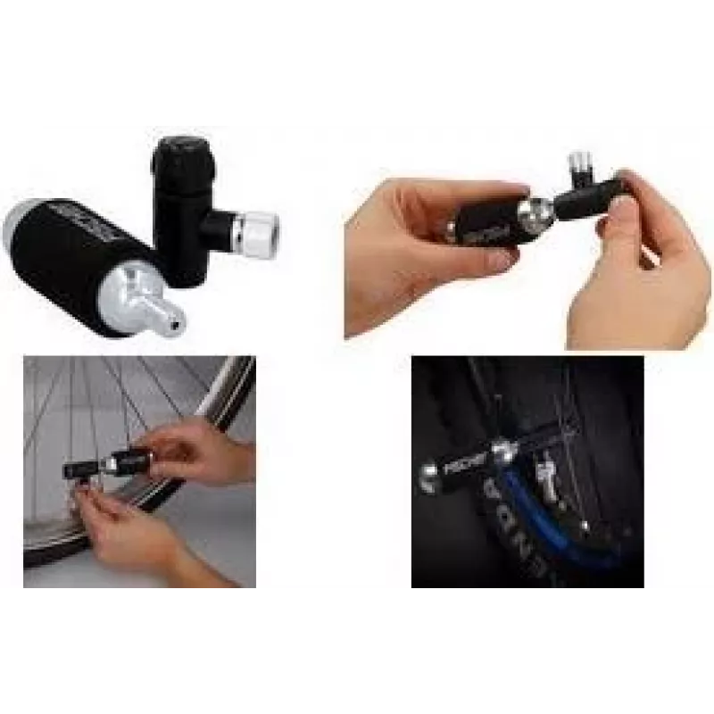 FISCHER Bomba de mano para bicicleta con inflador de CO2, cabezal universal para Schrader, Dunlop, Presta, 8 bar, negro/plata 50392