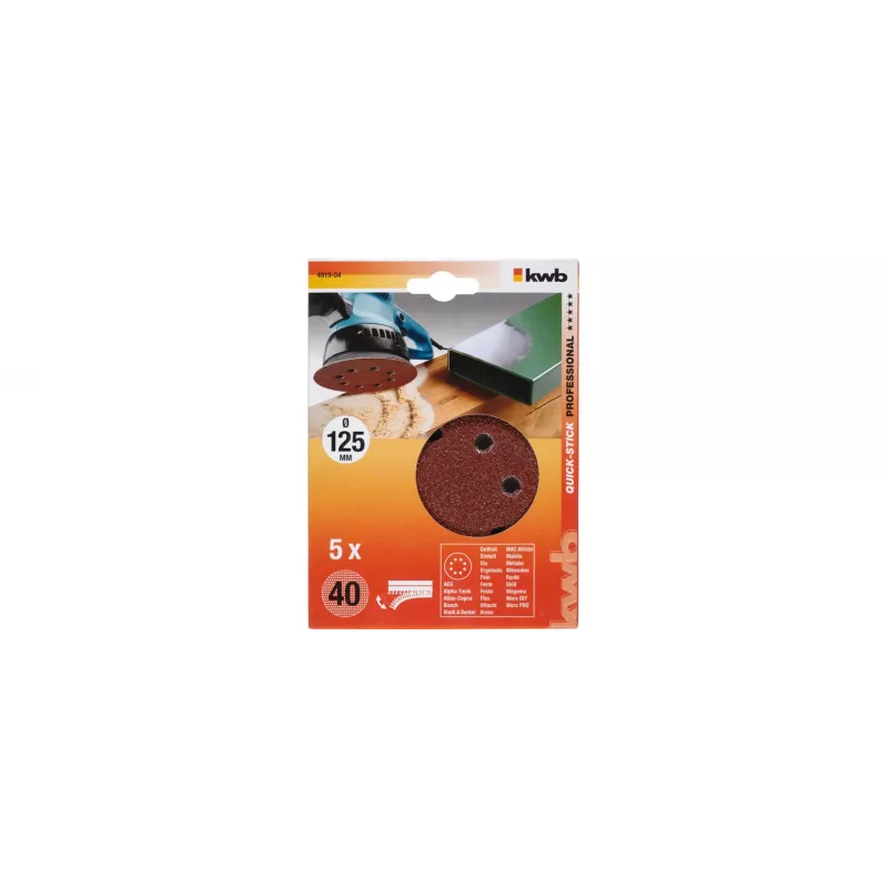 kwb 491904 Discos de lijar 125 mm P40 pack de 5 velcro 8 agujeros