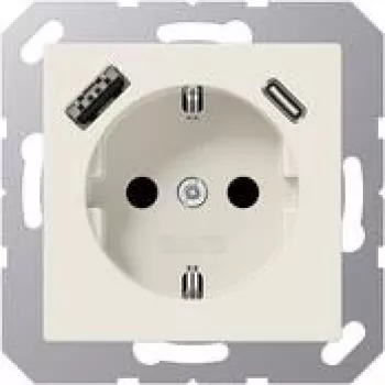 JUNG A 1520-15 CA Toma de corriente SCHUKO 16 A 250 V con cargador USB 1 x Type-A + 1 x Type-C, Safety Plus, serie AS, blanco (ivory)