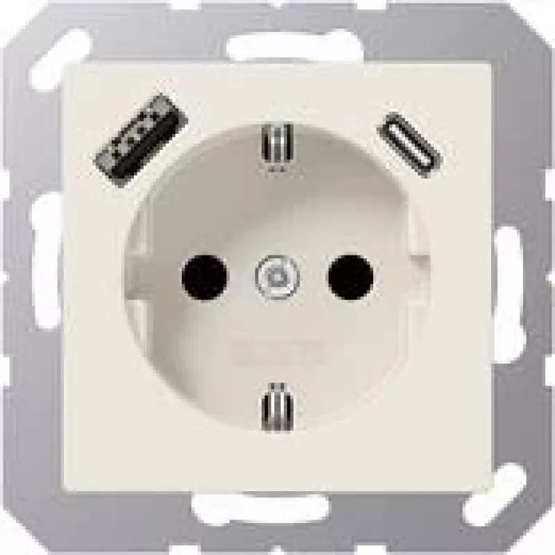 JUNG A 1520-15 CA Toma de corriente SCHUKO 16 A 250 V con cargador USB 1 x Type-A + 1 x Type-C, Safety Plus, serie AS, blanco (ivory)