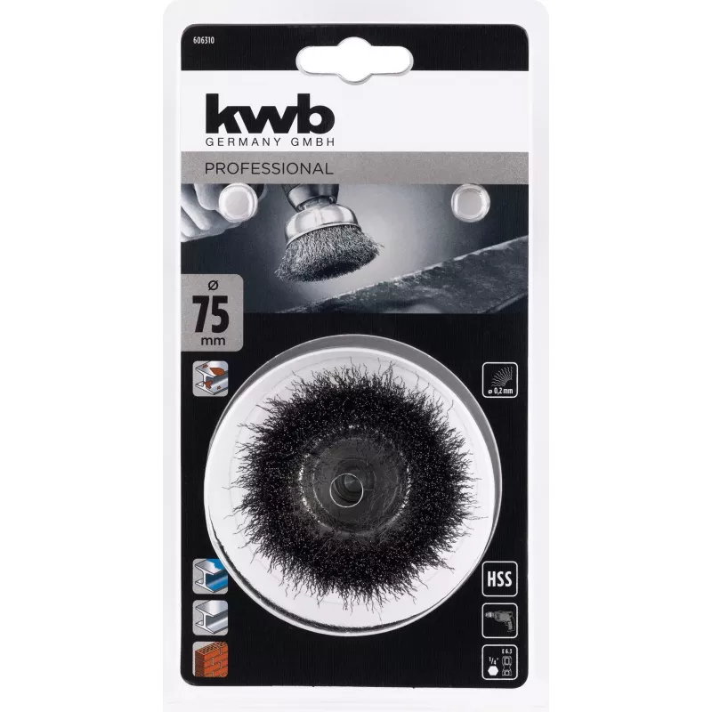 kwb Cepillo de alambre de vaso 75 mm, acero ondulado 0,2 mm, vástago 6 mm para metal y piedra 606310