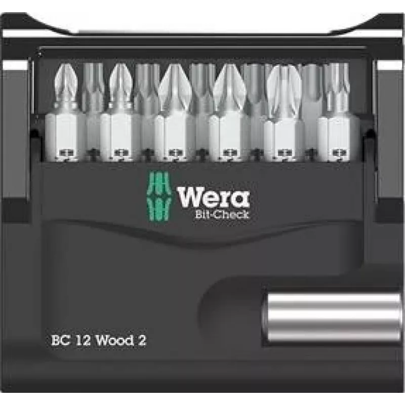 Wera Bit-Check BC 12 Wood 2 Set de puntas de destornillador, 12 piezas, accionamiento hexagonal 1/4 inch, puntas de 25 mm, BiTorsion, PH/PZ/TX 05057422001