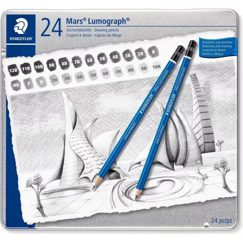 STAEDTLER Mars Lumograph 100 G24 set de lápices de dibujo, 24 durezas diferentes en lata metálica, azul hexagonal