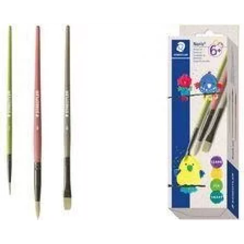 STAEDTLER Noris set de pinceles sintéticos, 3 piezas, colores variados, mangos de plástico reciclado, virolas metálicas (989R-S BK3)