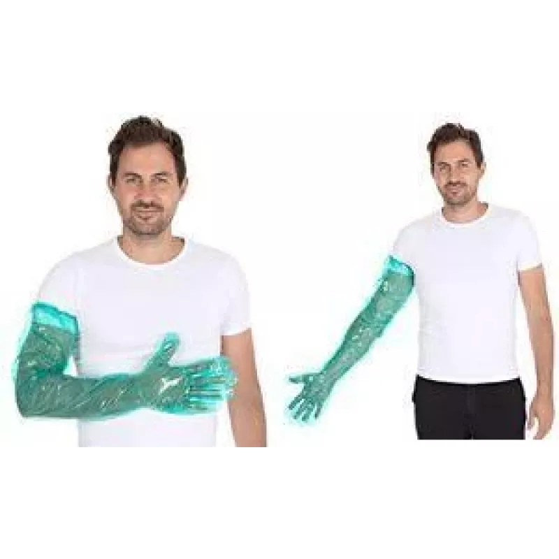 HYGOSTAR SOFTLINE LONG PLUS Guantes desechables de LDPE, verdes, talla única, puño elástico en el brazo, lisos y suaves, 1 ud. 2621