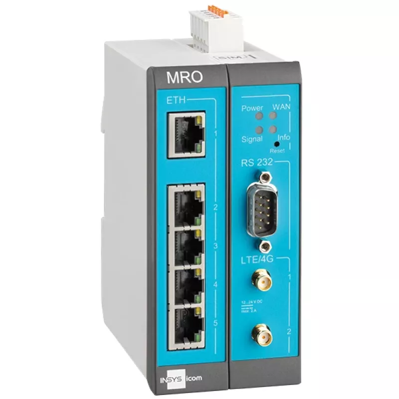 INSYS MoRoS icom MRO-L210 router industrial LTE, Ethernet WAN, 2x 10/100 Ethernet, azul/gris/blanco 10019403