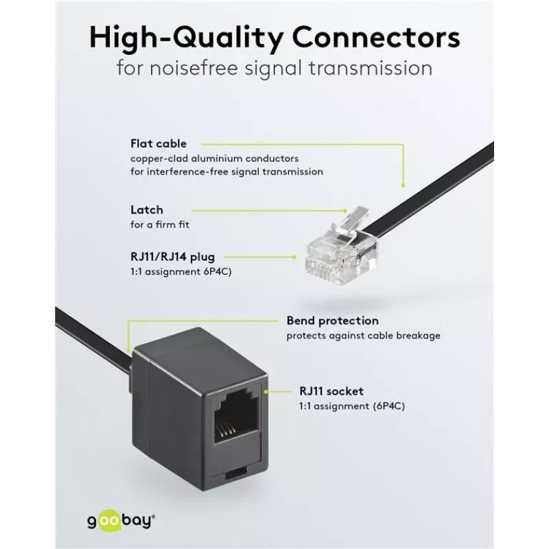 Wentronic Goobay cable alargador modular, RJ11/RJ14 (6P4C) conector macho a conector hembra RJ11, 15 m, negro 68258