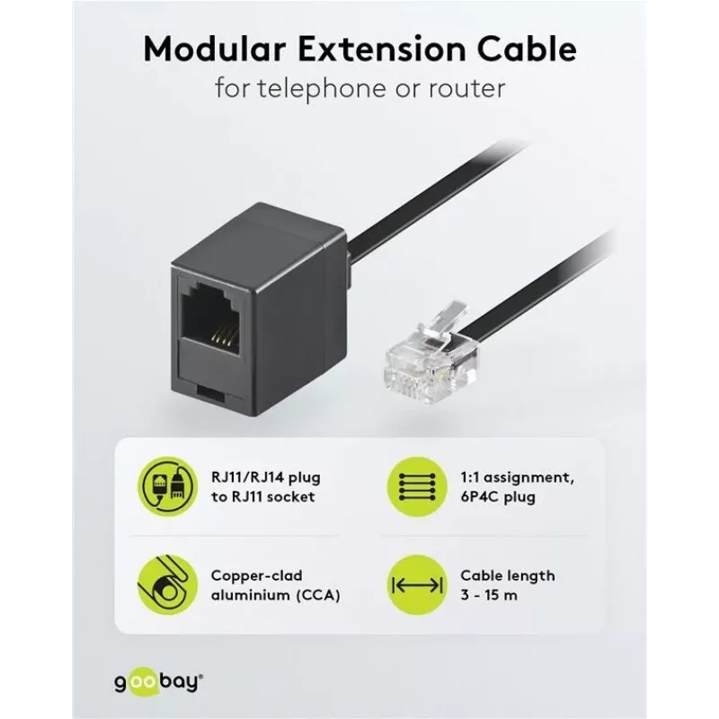 Wentronic Goobay cable alargador modular, RJ11/RJ14 (6P4C) conector macho a conector hembra RJ11, 15 m, negro 68258