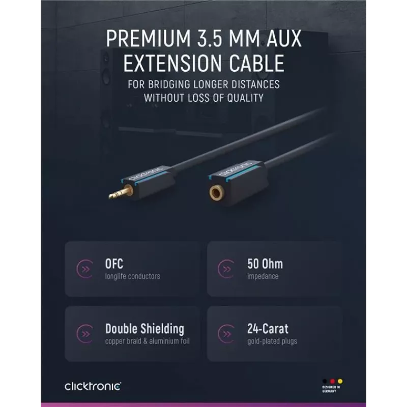CLICKTRONIC cable alargador de audio MP3 conector macho jack estéreo de 3,5mm a conector hembra 1,5m negro