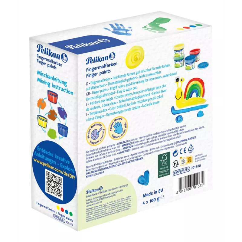 Pelikan pintura de dedos colores básicos, pack de 4 a base de agua, probada dermatológicamente, fácil de limpiar – 1 unidad (701570)
