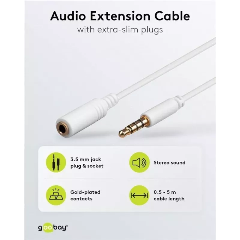 Wentronic Goobay cable alargador de jack de 3,5 mm, blanco, 0,5 m, TRRS 4 pines, conector macho a conector hembra 62359
