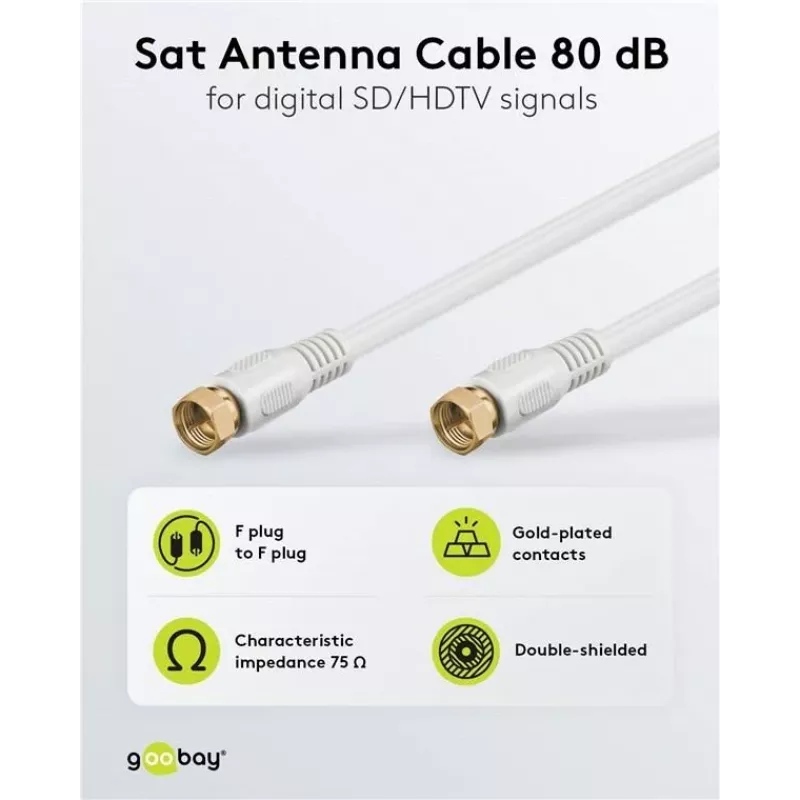 Wentronic Goobay cable de conexión SAT, 100% apantallado, dorado, blanco, 7,5 m - conector F a conector F (67294)