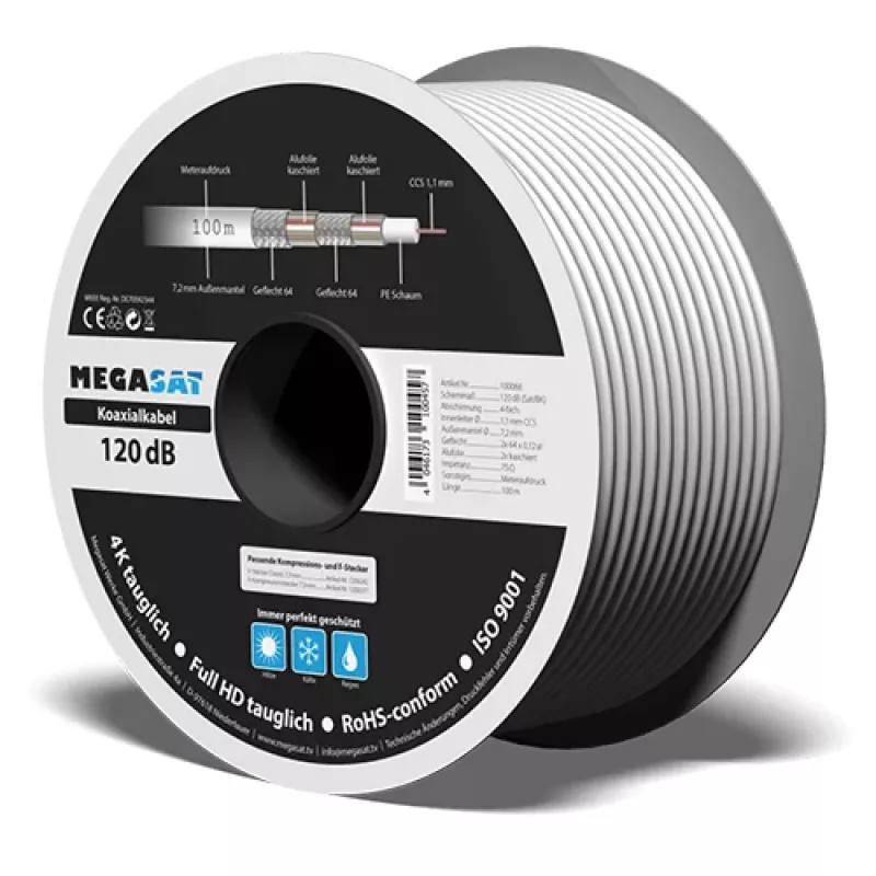 Megasat cable coaxial 100 m, apantallado de cuatro capas, 120 dB, 75 ohmios, F-Type Ready 100066